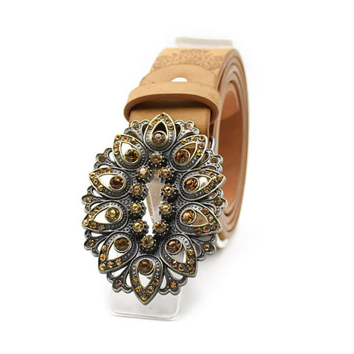 Cinturón de cuero con hebilla de flor hueca de cristal artificial para mujer