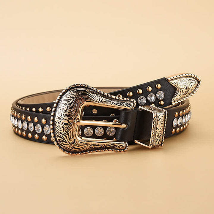 Cinturón de cuero con remaches de diamantes de imitación de lujo para mujer
