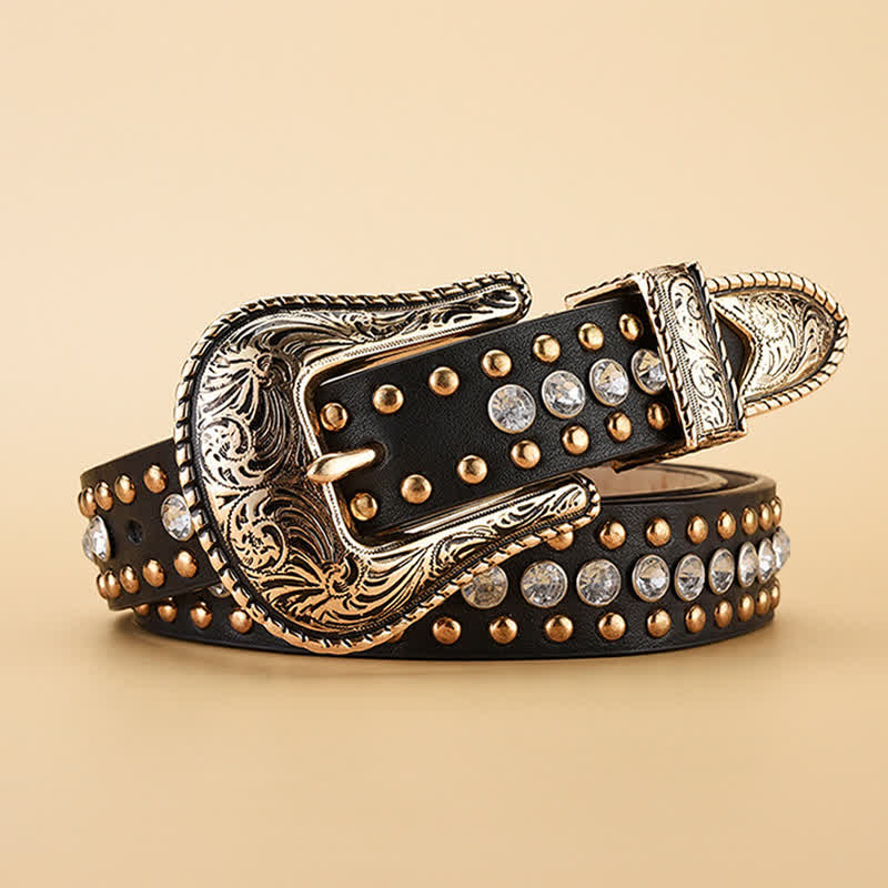 Cinturón de cuero con remaches de diamantes de imitación de lujo para mujer