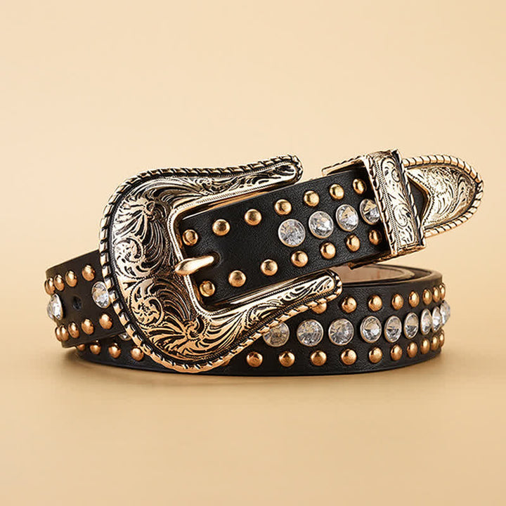 Cinturón de cuero con remaches de diamantes de imitación de lujo para mujer