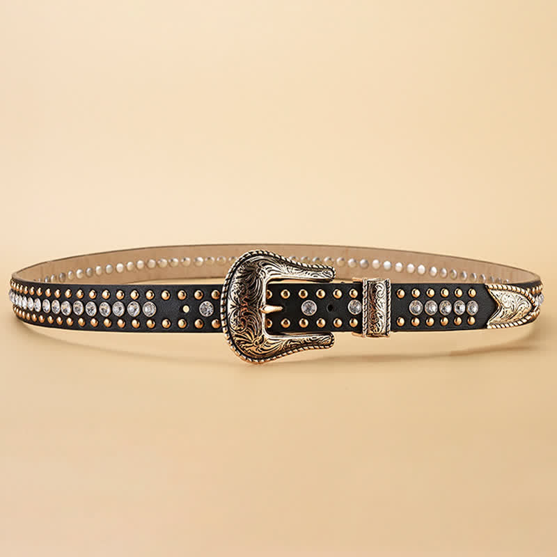 Cinturón de cuero con remaches de diamantes de imitación de lujo para mujer
