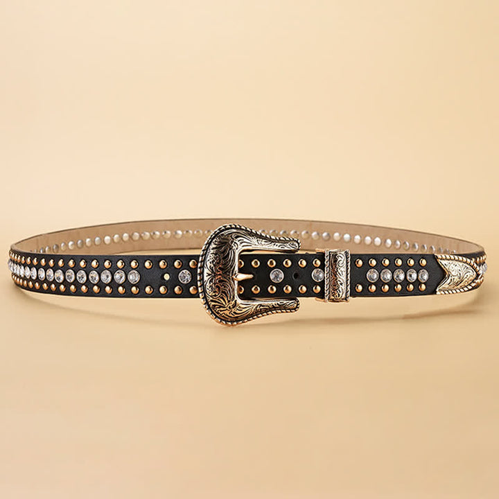 Cinturón de cuero con remaches de diamantes de imitación de lujo para mujer