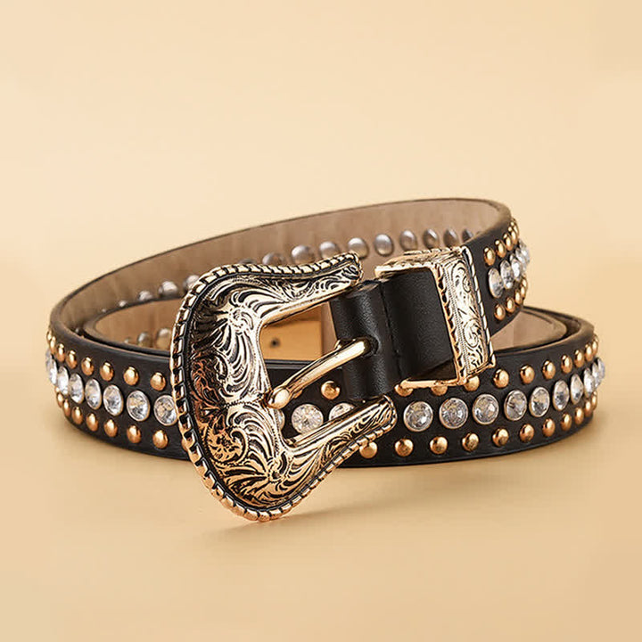 Cinturón de cuero con remaches de diamantes de imitación de lujo para mujer