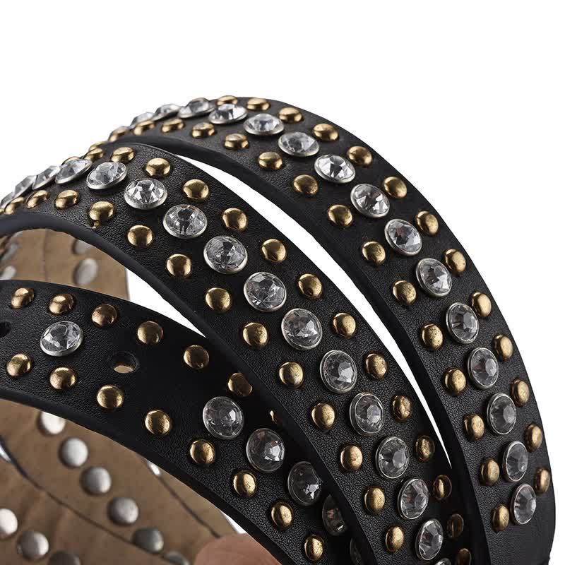 Cinturón de cuero con remaches de diamantes de imitación de lujo para mujer