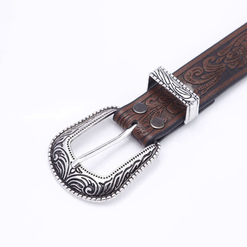 Cinturón de cuero con diseño tallado y remaches en relieve artístico para mujer