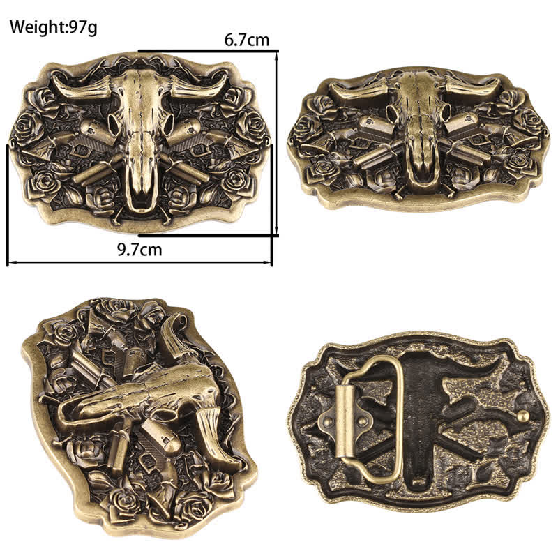 Cinturón de cuero con cabeza de toro de cuernos largos de bronce de rodeo