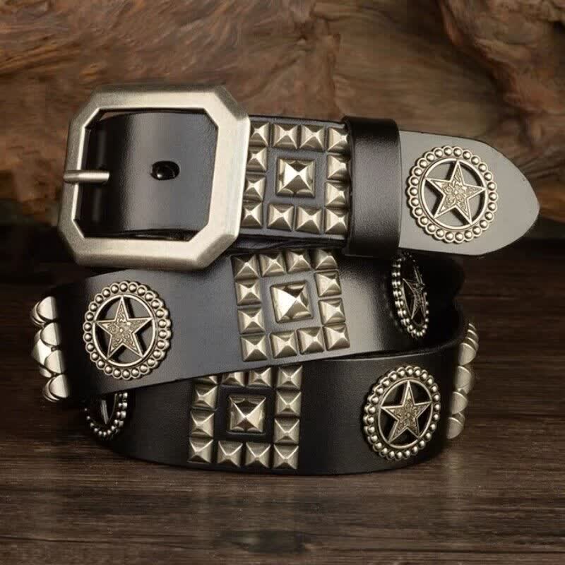 Cinturón de cuero estilo motero punk con remaches y estrellas de metal