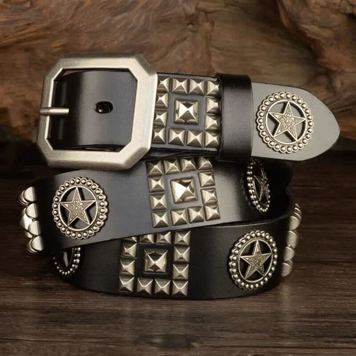 Cinturón de cuero estilo motero punk con remaches y estrellas de metal