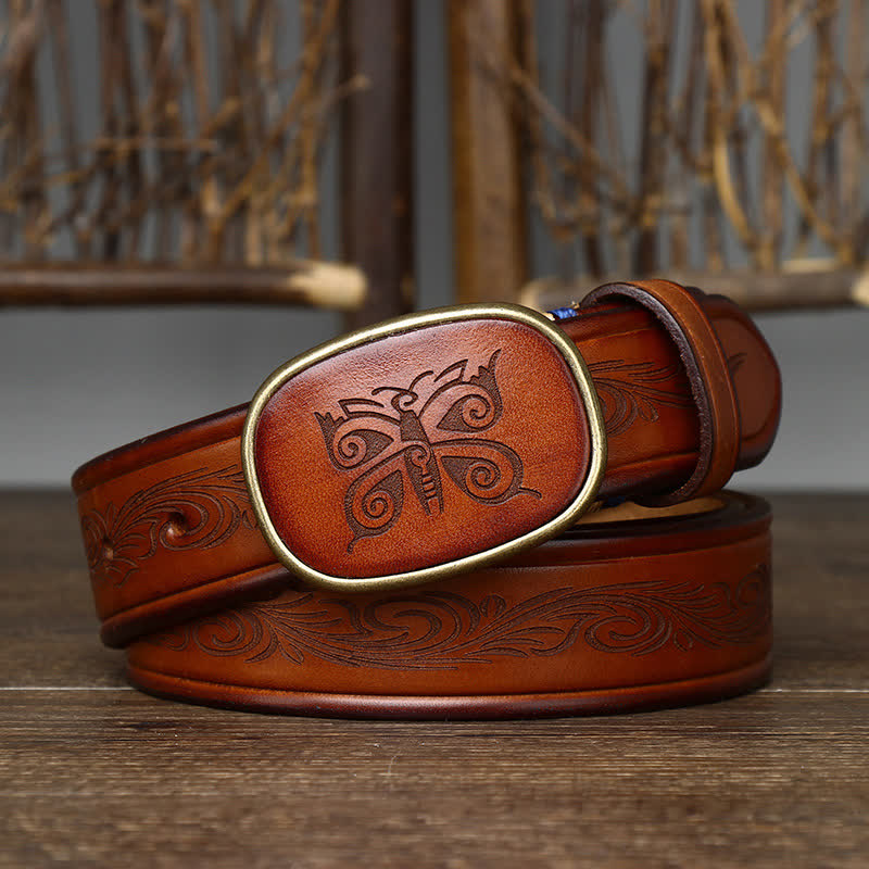 Cinturón de cuero retro grueso de lujo con estampado de mariposas