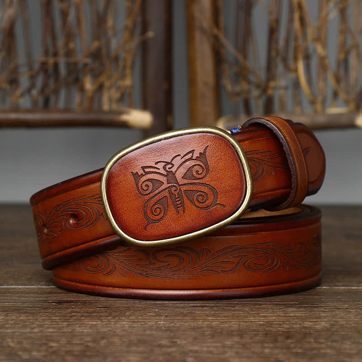 Cinturón de cuero retro grueso de lujo con estampado de mariposas