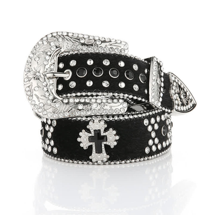 Cinturón de cuero con remaches en cruz negra grabados y decoración de diamantes de imitación