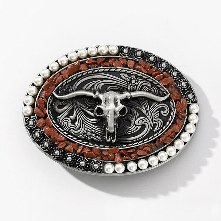 Cinturón de cuero con hebilla de toro y piedras de perla brillantes para hombre hecho a mano