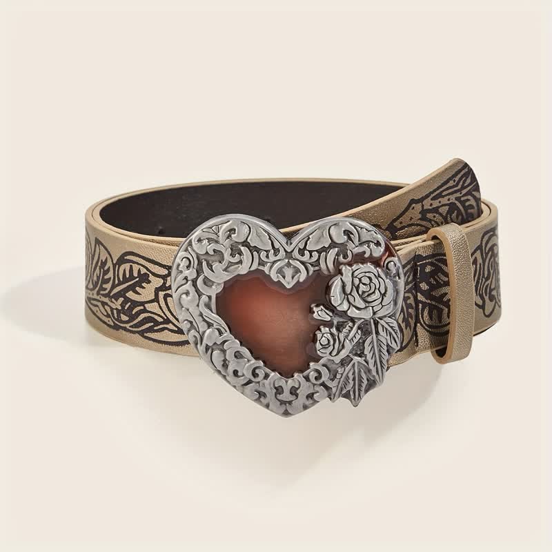 Cinturón de cuero con estampado de rosas en relieve y corazón esmaltado en rojo