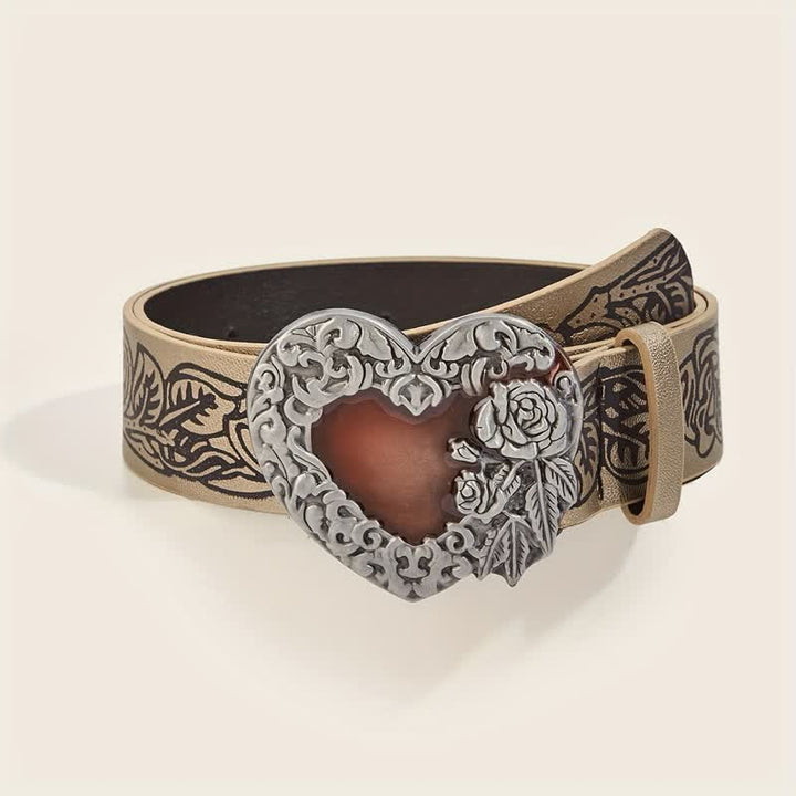 Cinturón de cuero con estampado de rosas en relieve y corazón esmaltado en rojo