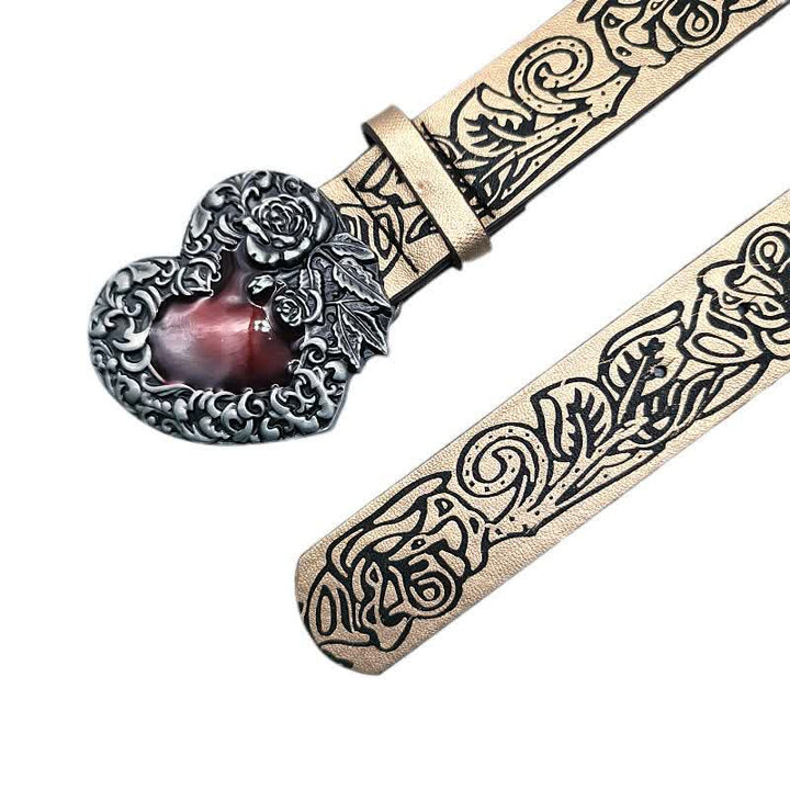 Cinturón de cuero con estampado de rosas en relieve y corazón esmaltado en rojo