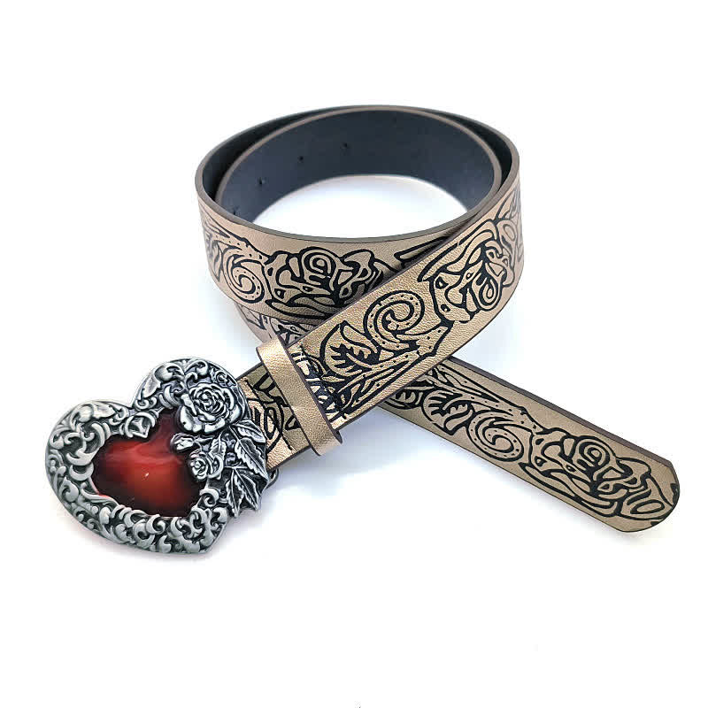 Cinturón de cuero con estampado de rosas en relieve y corazón esmaltado en rojo