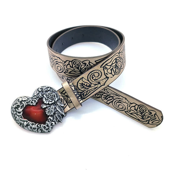 Cinturón de cuero con estampado de rosas en relieve y corazón esmaltado en rojo