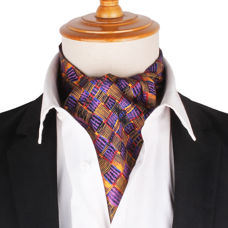 Corbata Ascot con estampado de cuadros abstractos en amarillo y morado