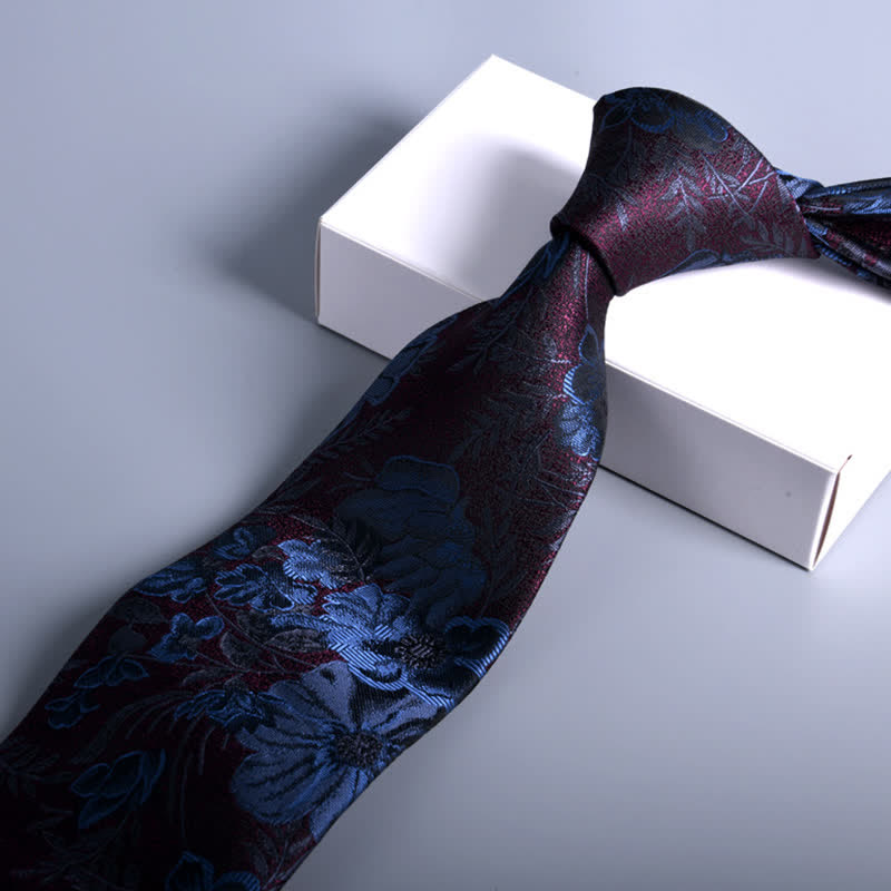 Corbata de boda con flores burdeos y azul marino para hombre