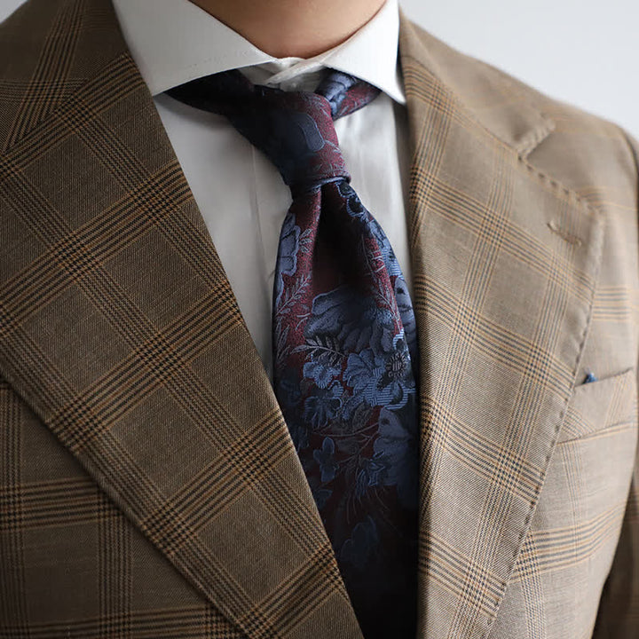 Corbata de boda con flores burdeos y azul marino para hombre