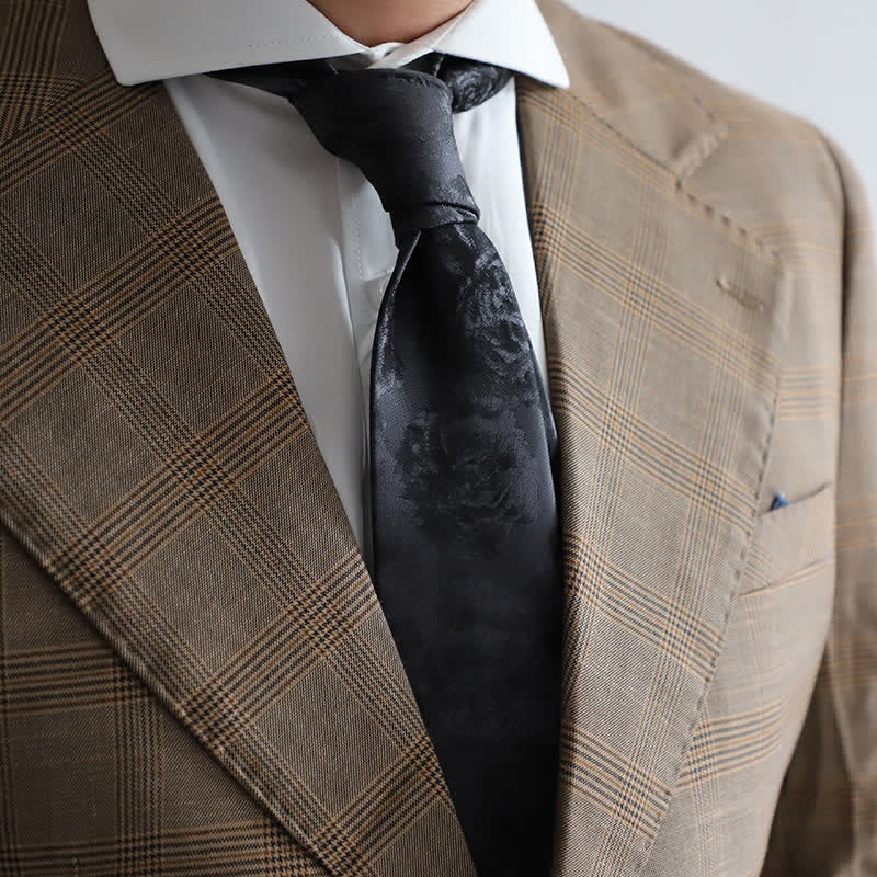 Corbata de bolsillo clásica con diseño de peonía negra para hombre