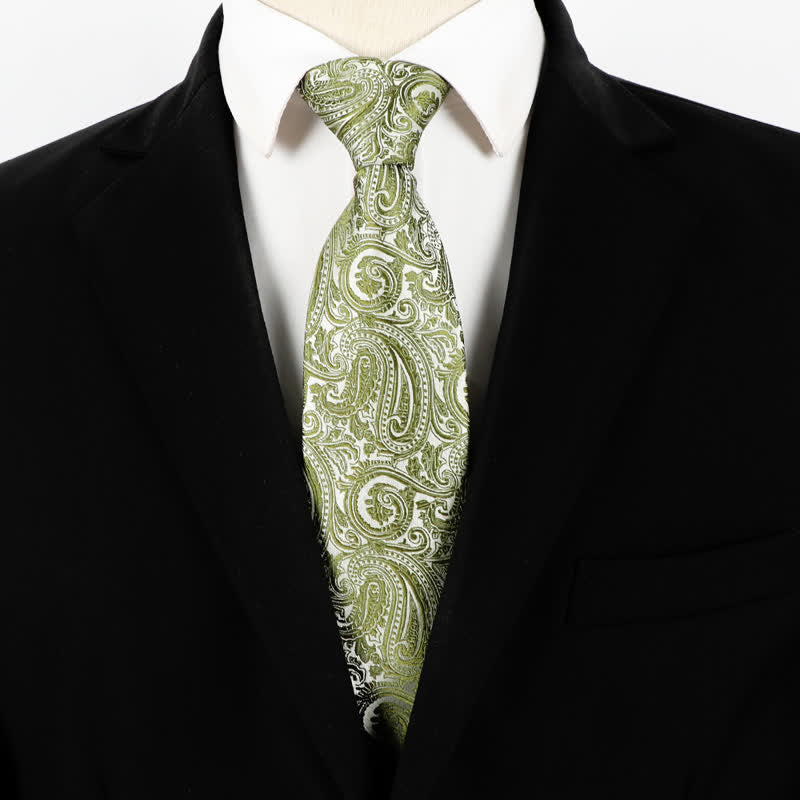 Corbata de negocios con cremallera y estampado paisley verde claro para hombre