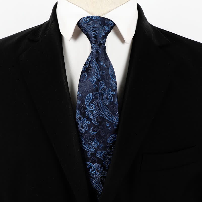 Corbata de negocios con cremallera y estampado de cachemira en azul medianoche para hombre