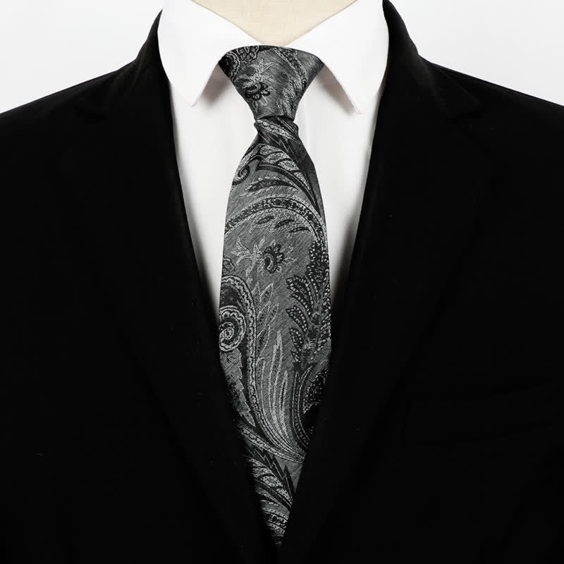 Corbata de negocios con cremallera y estampado paisley en gris oscuro para hombre