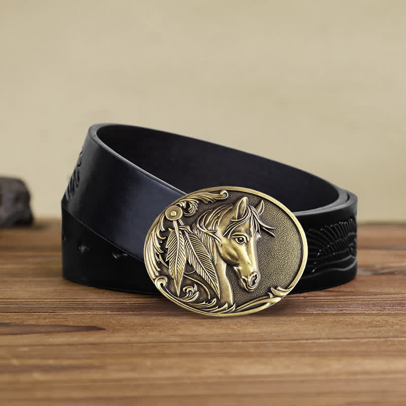 Cinturón de cuero con hebilla de caballo de bronce para hombre hecho a mano
