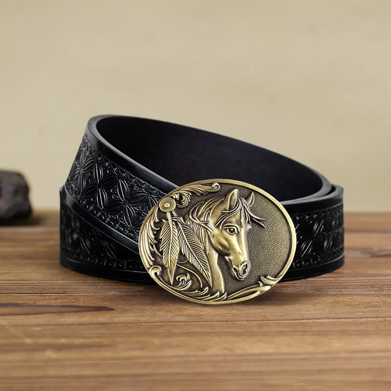 Cinturón de cuero con hebilla de caballo de bronce para hombre hecho a mano