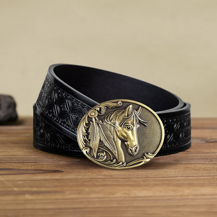 Cinturón de cuero con hebilla de caballo de bronce para hombre hecho a mano