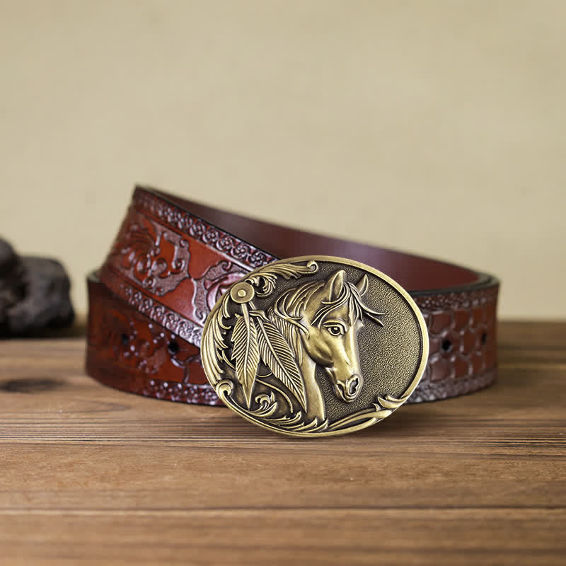 Cinturón de cuero con hebilla de caballo de bronce para hombre hecho a mano
