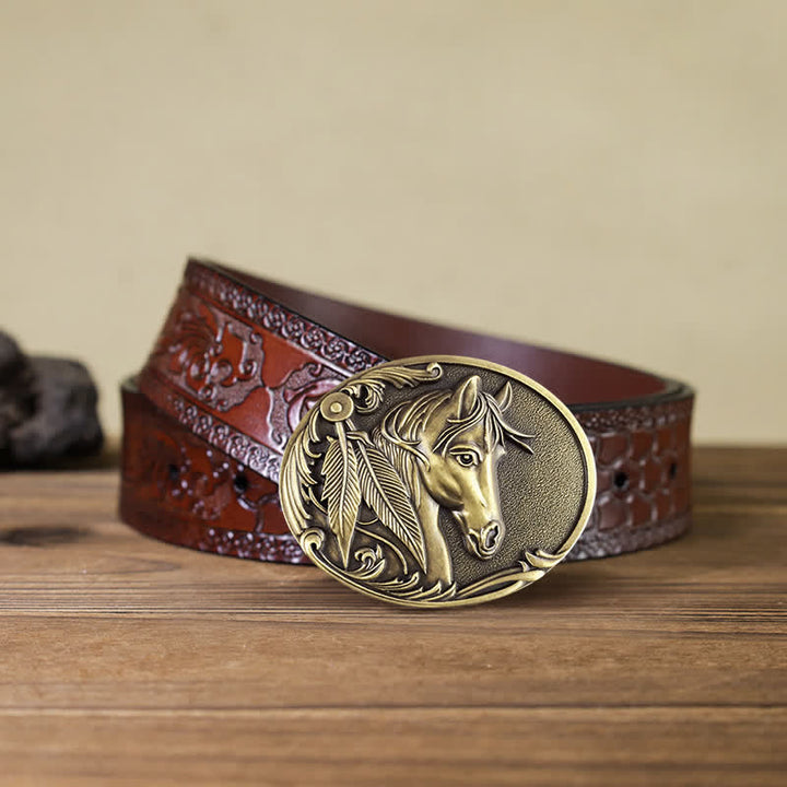 Cinturón de cuero con hebilla de caballo de bronce para hombre hecho a mano