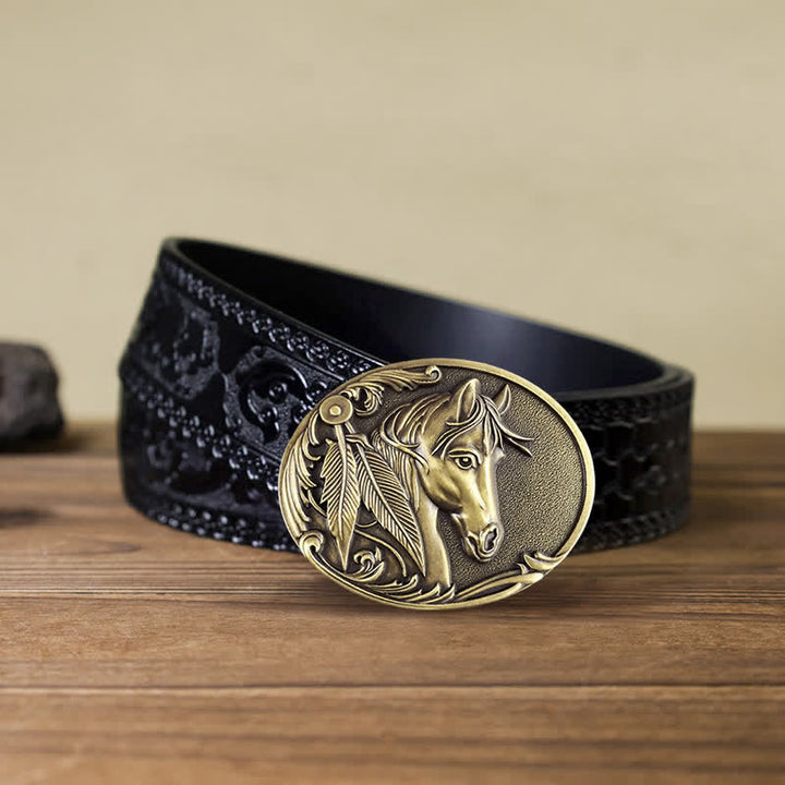 Cinturón de cuero con hebilla de caballo de bronce para hombre hecho a mano