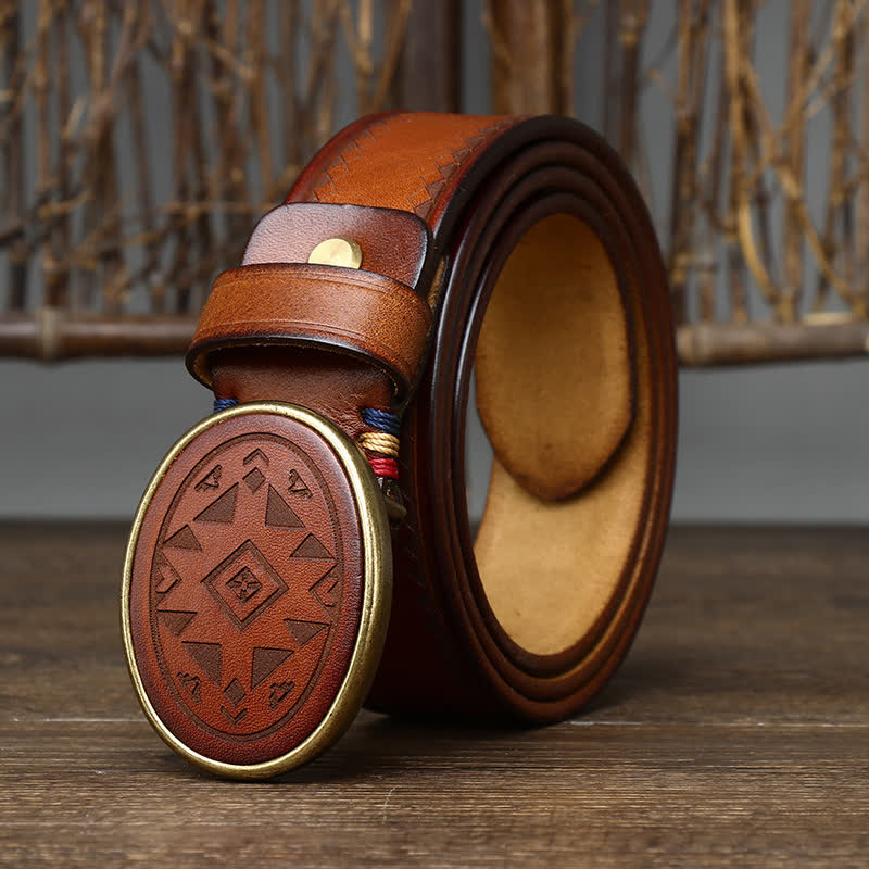 Cinturón de cuero genuino grueso con patrón grabado vintage