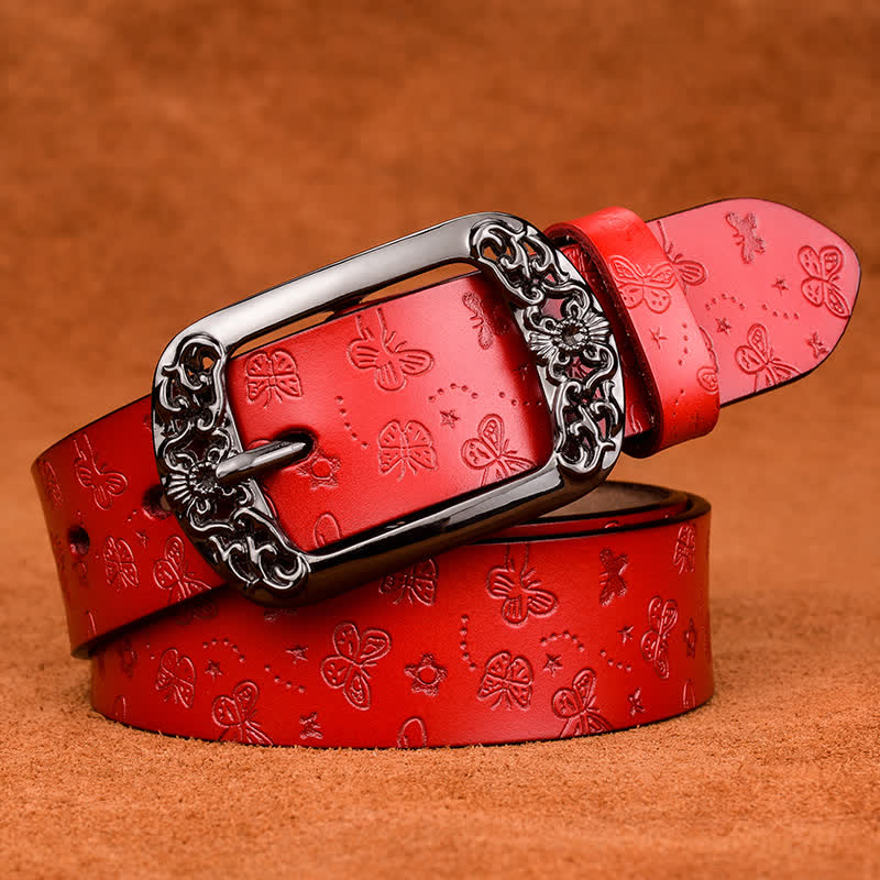 Cinturón de cuero elegante y lujoso con relieve de mariposa para mujer