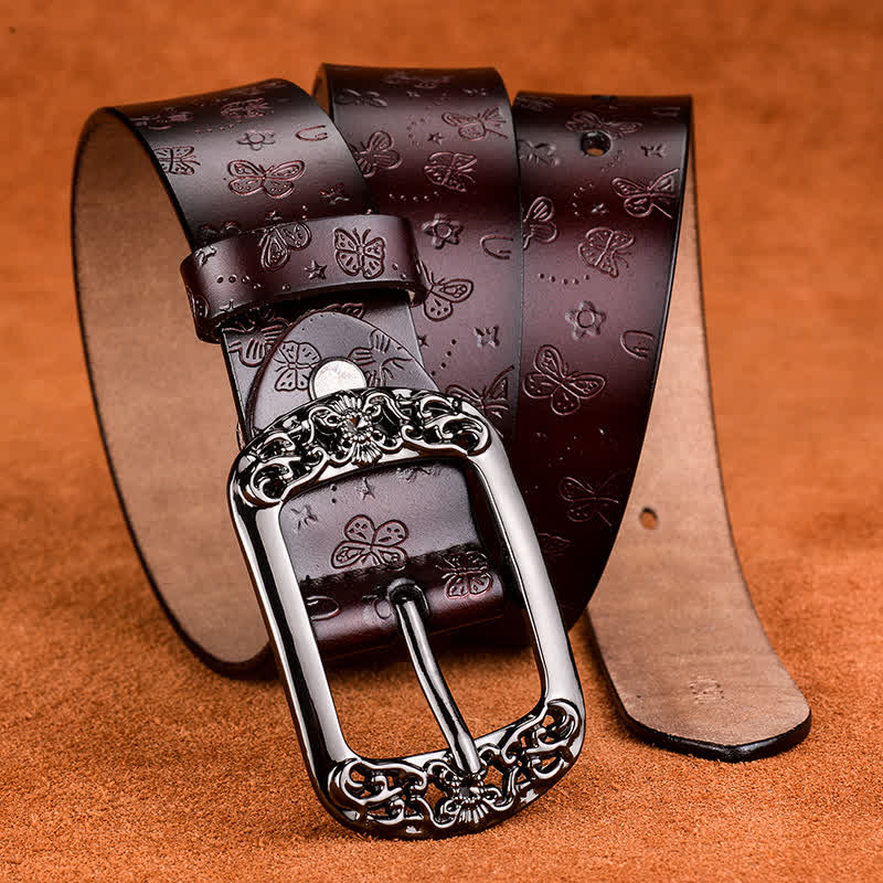 Cinturón de cuero elegante y lujoso con relieve de mariposa para mujer