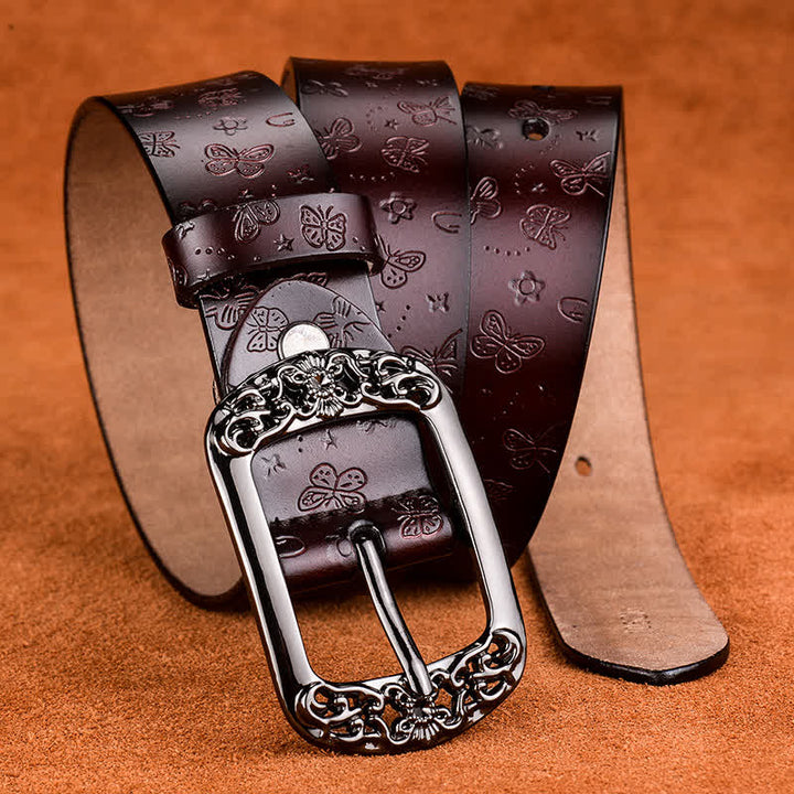 Cinturón de cuero elegante y lujoso con relieve de mariposa para mujer