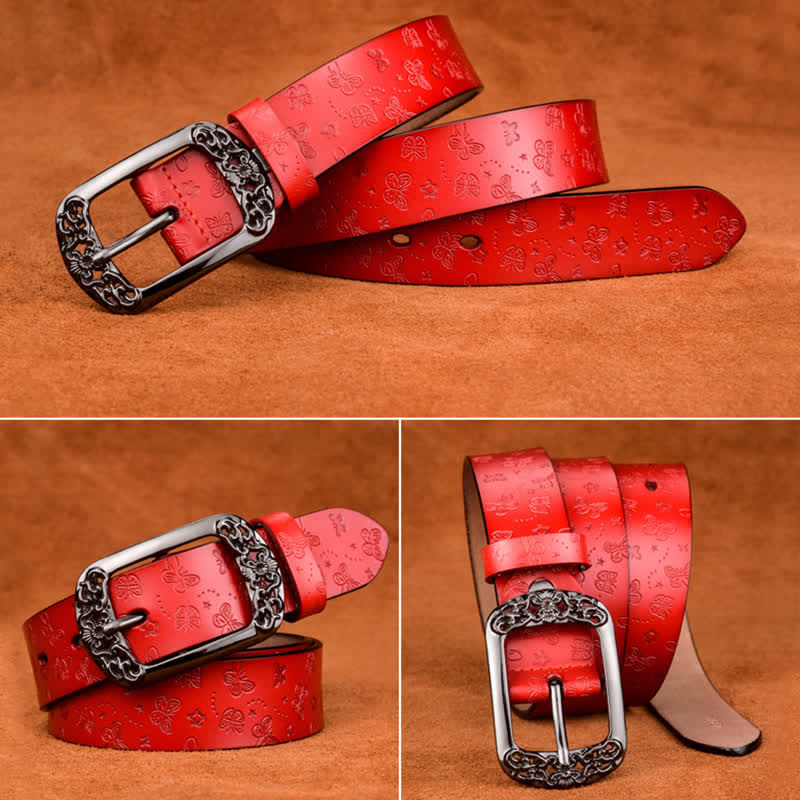 Cinturón de cuero elegante y lujoso con relieve de mariposa para mujer