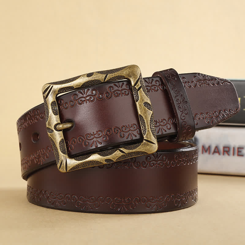Cinturón de piel con hebilla rectangular y correa floral