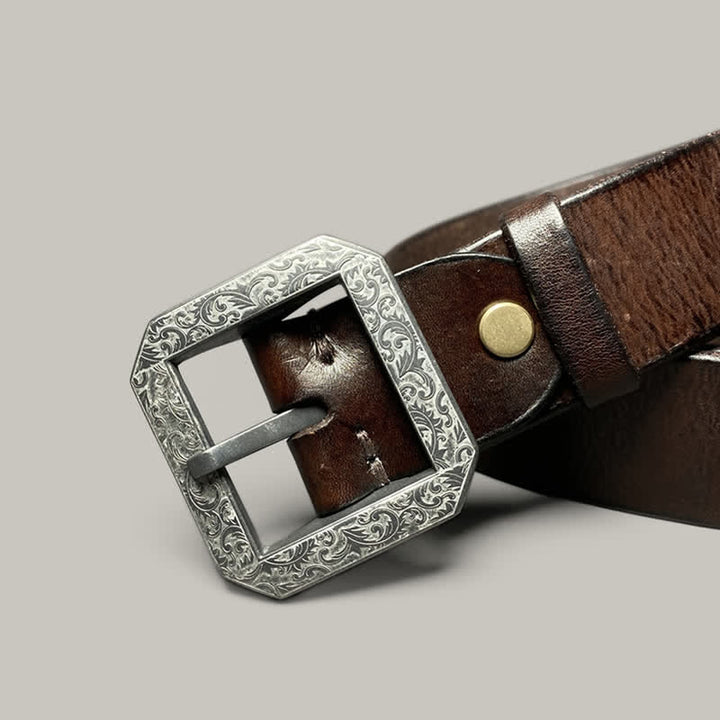 Cinturón de cuero para pantalones con hebilla grabada con flores cuadradas