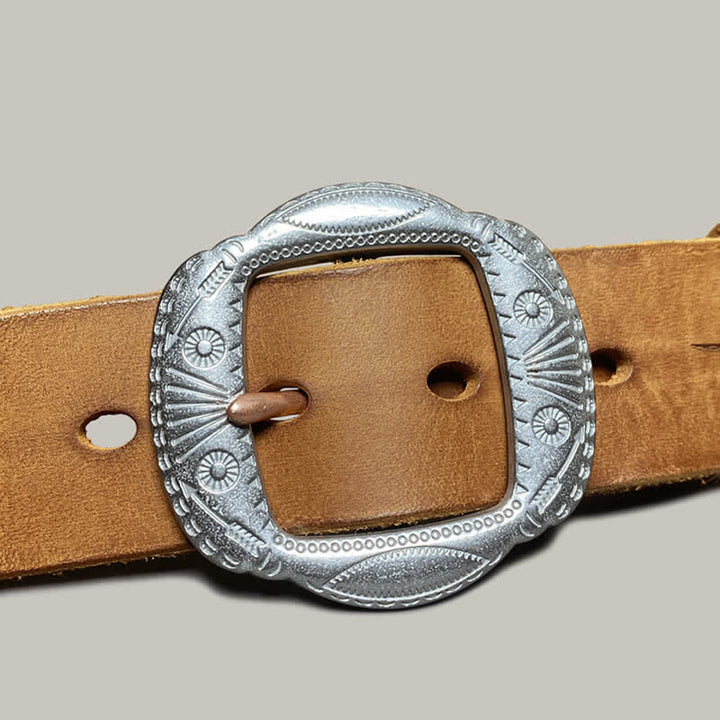 Cinturón de cuero con hebilla plateada y estampado de sol en relieve retro