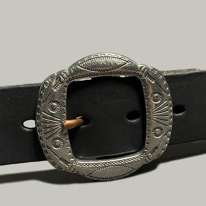 Cinturón de cuero con hebilla plateada y estampado de sol en relieve retro