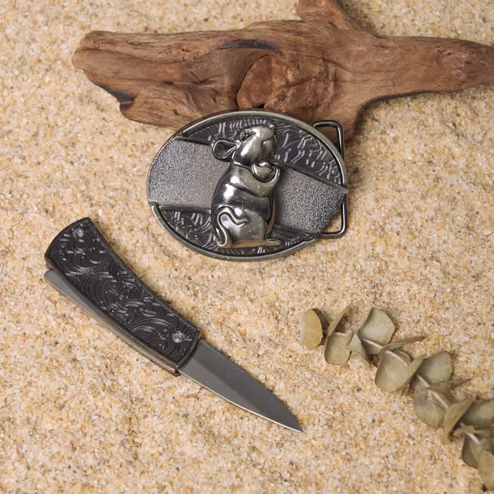 Juego de hebillas de cinturón de cuero con cuchillo plegable oculto de Wild Life DIY