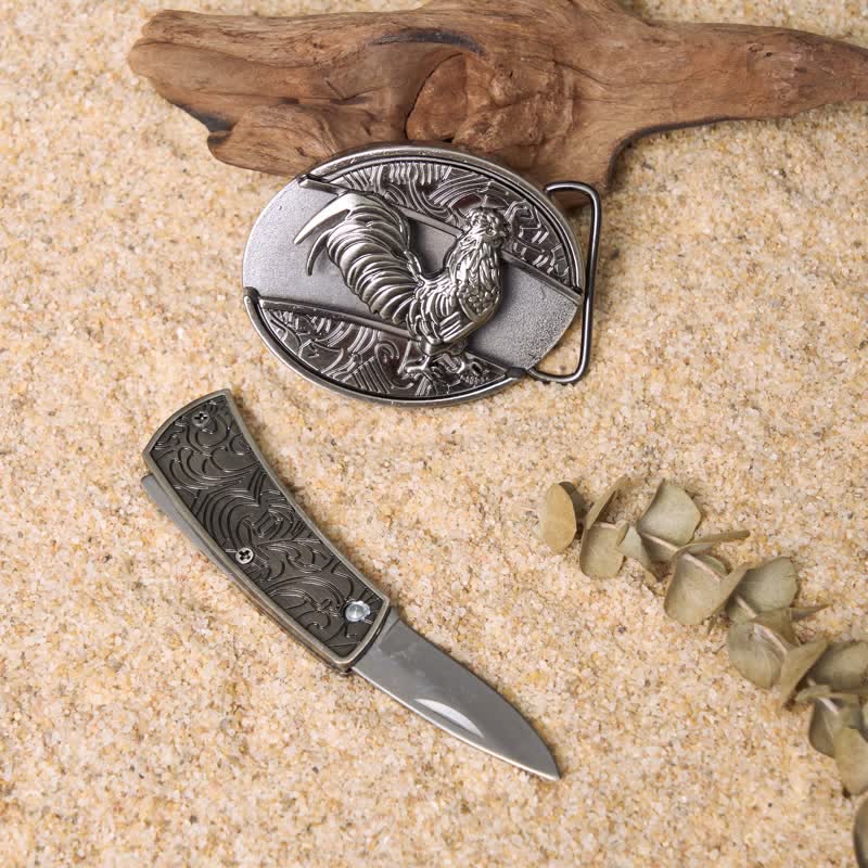 Juego de hebillas de cinturón de cuero con cuchillo plegable oculto de Wild Life DIY