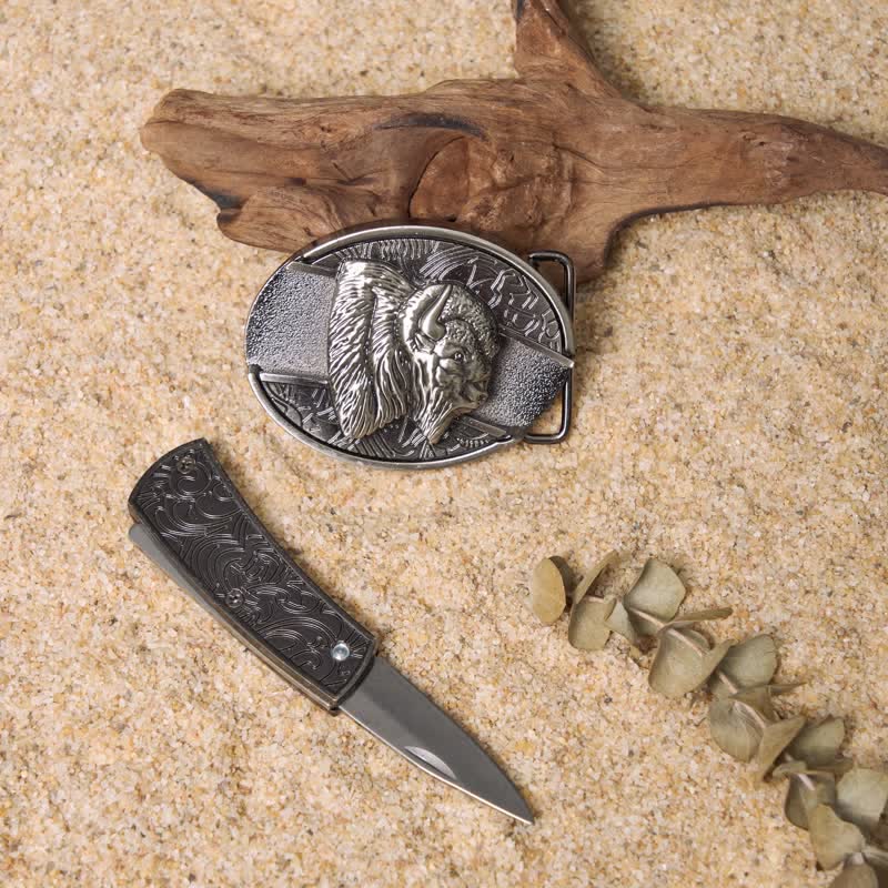 Juego de hebillas de cinturón de cuero con cuchillo plegable oculto de Wild Life DIY