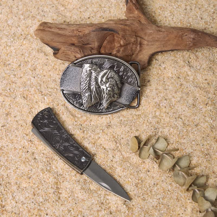 Juego de hebillas de cinturón de cuero con cuchillo plegable oculto de Wild Life DIY