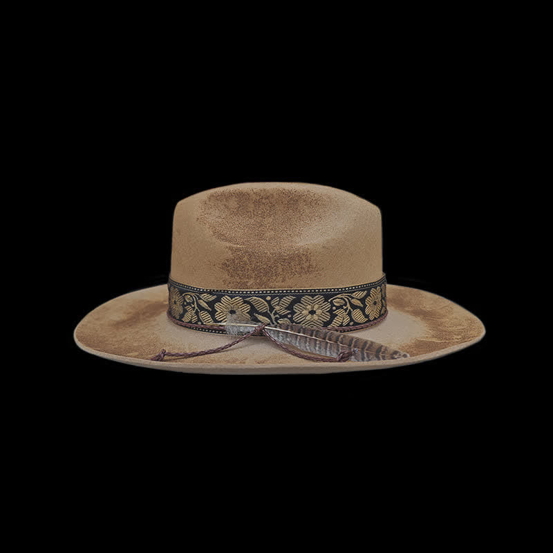 Sombrero de vaquero de lana con plumas decorativas y flores de jacquard