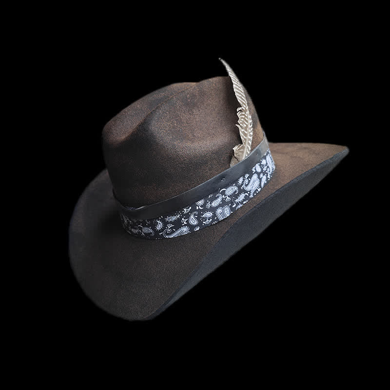 Sombrero de vaquero de lana con plumas y estampado de cachemira de Rock Star