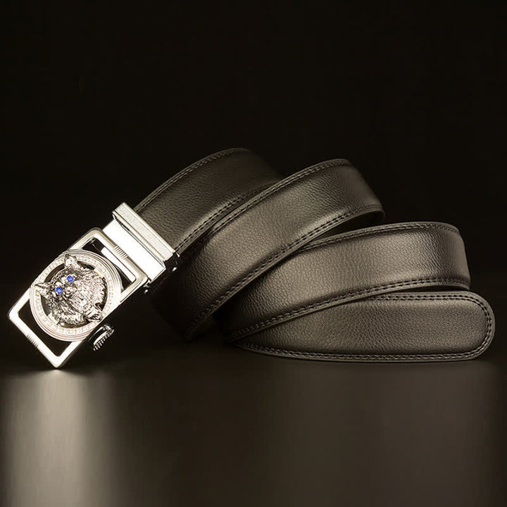 Cinturón de cuero con hebilla automática y diamantes de imitación con cabeza de lobo para hombre